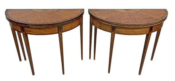 PR OF  SATINWOOD 5 LEGGED CARD TABLES W/ PIE SLICE & ICICLE INLAYS 28 3/4" X 16" X 32" OPEN