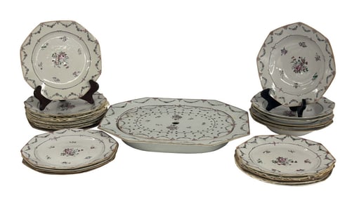 18THC. CHINA TRADE DINNERWARE INC. 16" PLATTER W/ MAZARINE 16-9" OCTAGONAL PLATES & 6-9" SOUP BOWLS