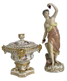 EARLY DERBY FIGURINE & POT POURRI, EARLY MARK FIGURINE 8 3/4" TALL