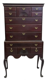 DIMINUTIVE 18THC.NEW ENGLAND HIGHBOY, FAN CARVINGS IN TWO SECTIONS, OLD SURFACE 68 1/2" X 36 1/2" X