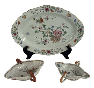 18THC. CHINA TRADE PORCELAIN PLATTER & 2 DOUBLE SPROUTED SAUCE BOATS 7 3/4" & 7 1/4"