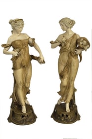 AUSTRIAN PORCELAIN STATUES, WOMEN IN DIAPHENOUS GOWNS, PAIR 25 1/2" TALL