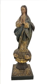 CARVED WOODEN STATUE OF MARY IN PRAYER POLYCHROME DECORATED   22 1/2"