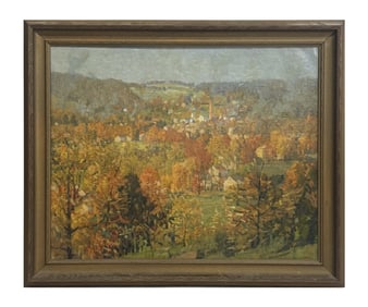 OIL/ CANVAS BRUCE NELSON "COOPERSTOWN IN AUTUMN" (1888 - 1971) 24" X 30"