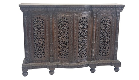 ANGELO INDIAN 4 DOOR HEAVILY CARVED WALL CABINET COLONIAL INDIA 43 1/2" X 60" X 16"