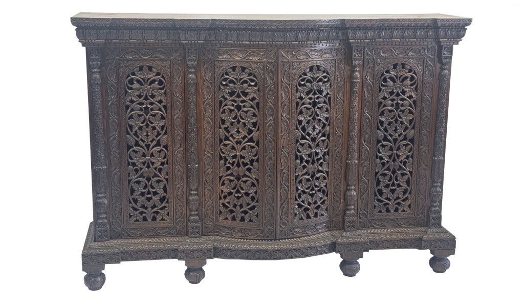 ANGELO INDIAN 4 DOOR HEAVILY CARVED WALL CABINET COLONIAL INDIA 43 1/2" X 60" X 16" (1 of 7)
