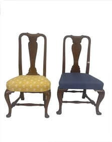 2 BOSTON 18THC. WALNUT QUEEN ANNE CHAIRS 1 W/ COMPASS SEAT, BOTH W/ TYPICAL BOSTON STRETCHERS 40" X