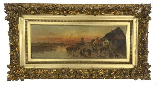 OIL / CANVAS J.F. JENSEN, LUMINOUS HARBOR SCENE 9" X 22"