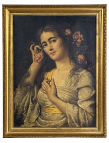OIL / CANVAS "GIRL WITH ROSES" SGND STAN WINSTON, ILLEGIBLY LOWER LEFT 23 3/4" X 17 1/2"