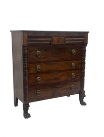 NYC C. 1825 CLASSICALLY CARVED MAHOGANY CHEST WITH BRASS INLAY 51" X 45" X 22"