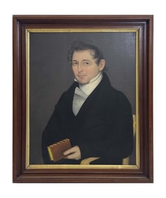 O/C AMMI PHILLIPS PORTRAIT OF A DISTINGUISHED MAN SEATED IN A YELLOW SHERATON FANCY CHAIR 30" X 24"