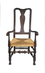 TRANSITIONAL WM & MARY TO QA AMERICAN ARM CHAIR 18THC. PAINT BRUSH / SPANISH FEET  42 1/2" X 21 1/2"
