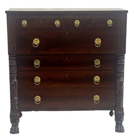 C. 1835 CLASSICALLY CARVED NY MAHOGANY CHEST WITH ORIGINAL BRASS & PAW FEET 50 3/4" X 48" X 22"