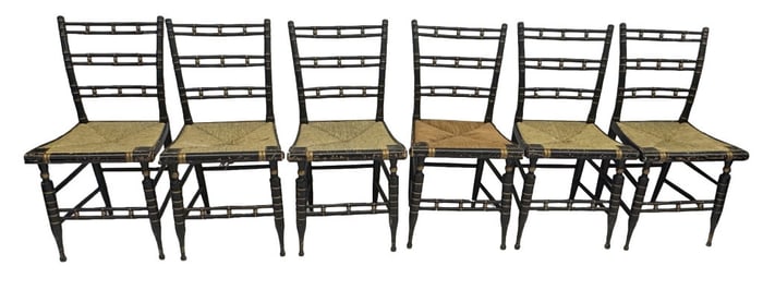 SET OF 6 SHERATON FAUX BAMBOO & BALL FANCY CHAIRS 1 REPLACED SEAT 33 1/2" X 17 1/2" X 15"