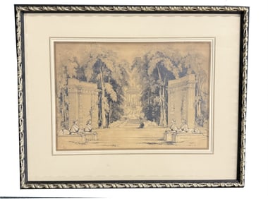 CLASSICAL DRAWING OF FOUNTAIN AT SCHLOSS PARK SCHWETZINGEN BY VERHAS, PROBABLY THEODORE VERHAS