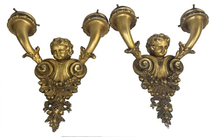 PAIR OF CARVED & GILDED WOODEN 2 LIGHT SCONCES 17 1/2" X 14" X 7"