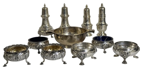 11 PCS. STERLING SILVER INC. QUAICH, 6 OPEN SALTS& 4 PEPPER POTS APPROX. 28.6 TROY OZ