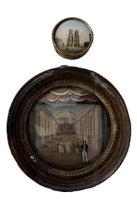 GRAND TOUR MINIATURE OF NOTRE DAME & FRENCH 18THC. THEATER MOTIF IN CONVEX FRAME  6 1/2" x 6 1/2"