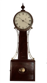 NEW ENGLAND MAHOGANY BANJO CLOCK WITH KEY & WEIGHT 32 1/4" X 10" X 4"