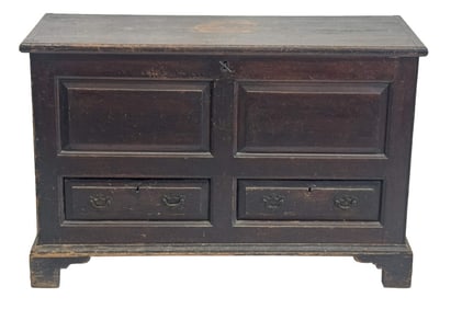 EARLY 18THC. 2 PANEL BLANKET CHEST OVER DRAWERS IN ORIGINAL SPANISH BROWN  30 1/2" X 45" X 18"