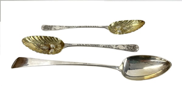 PR OF 9 1/2" 1784 NEW CASTLE STERLING BERRY SPOONS & 1830 LONG SPOON, LONDON 11 3/4" STERL. 7.12