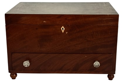 HINGED LID, ONE DRAWER MAHOGANY BOX 9" X 14" X 10"