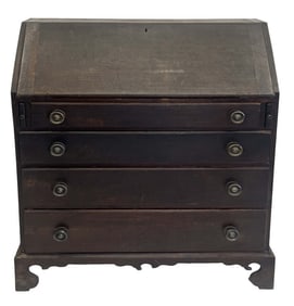 CHERRY SLANT LID DESK, OLD FINISH, ORIGINAL BRASS ON WELL DEVELOPED BRACKET BASE  45 1/2" X 36" X 15