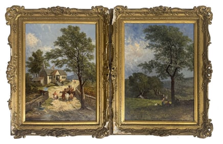PAIR OF OIL / CANVAS  BY JAMES HOLLAND, 1869 "VILLAGE SCENE" & LANDSCAPE WITH TREES" 22" X 16"