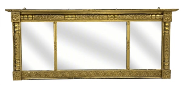 C.1840 THREE PANEL OVER MANTLE MIRROR, ORIGINAL GILDING   25" X 60"