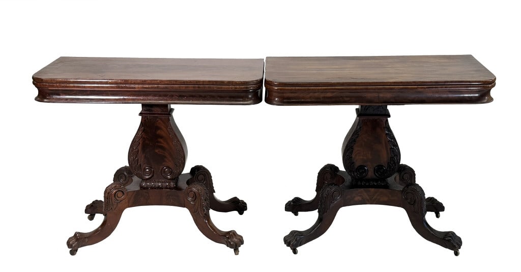 NEAR PAIR OF BOSTON LYRE BASED CARD TABLES WITH PAW FEET 29" X 35" X 18" CLOSED (1 of 10)