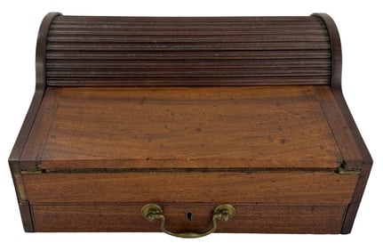 MAHOGANY TRAVELING / WRITING BOX W/ ROLL TOP & DRAWER  7 1/2" X 15" X 11"