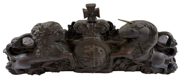 CARVED WALNUT ROYAL ARMS OF THE GARTER ORNAMENT 10" TALL X 24" LONG