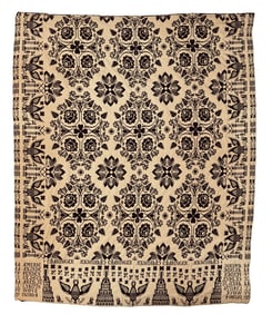 RARE 1804 JACQUARD COVERLET WITH EAGLES, MASONIC GLOBES, INDEPENDANCE HALL, MONKEYS, ETC 93" X 78"