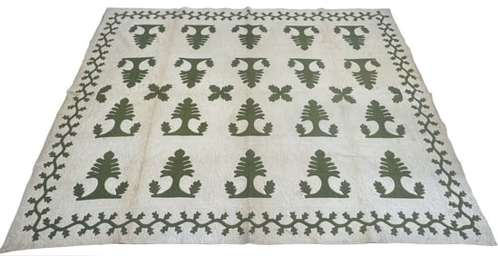 SIGNED APPLIQUED QUILT W/ GREEN CALICO TREE & VINE BORDER , EXCEPTIONAL QUILTING SIGNED CAROLINE