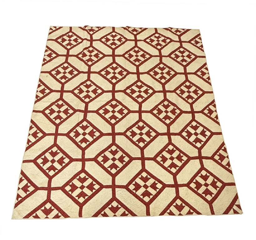 RED & WHITE CALICO PATCH WORK QUILT, MADE BY HORACE WALRATH'S MOTHER MARCH 1883 96" X 78" (1 of 8)