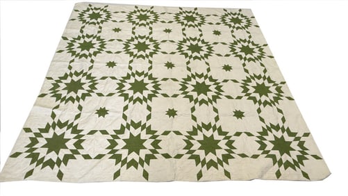 19THC. GREEN FLAMING STAR PATCHWORK QUILT TAGGED VAN DER VEER OVERSIZED 94" X 94"