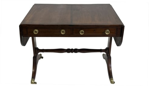 ENGLISH 19THC. INLAID SOFA TABLE W/ EBONY & FRUIT WOOD INLAYS 29" X OPEN 56 3/4" X 36" CLOSED X 26"