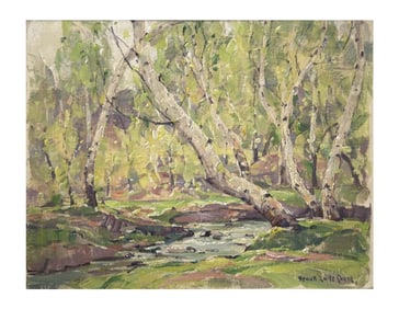 FRANK SWIFT CHASE, "WHITE BIRCHES BY A  STREAM" OIL / BOARD 12" X 16"
