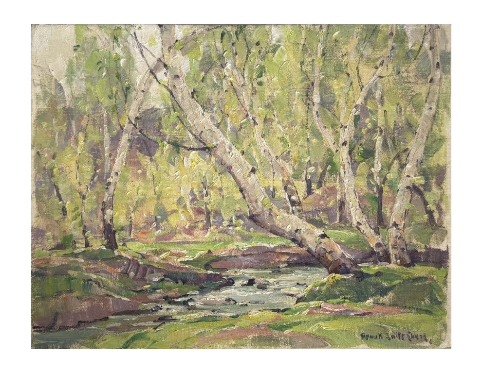 FRANK SWIFT CHASE, "WHITE BIRCHES BY A STREAM" OIL / BOARD 12" X 16": FRANK SWIFT CHASE, "WHITE BIRCHES BY A STREAM" OIL / BOARD 12" X 16"