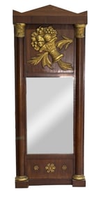 EMPIRE PERIOD MAHOGANY LOOKING GLASS W/ GILDED ELEMENTS  47" X 18"