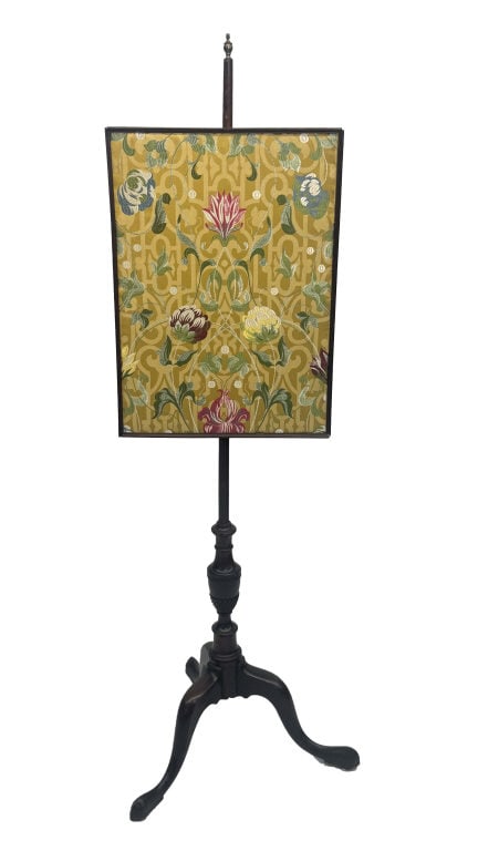 FIRESCREEN WITH TRIPOD BASE, REPLACED FABRIC PANEL IN FRONT OF OLD FABRIC PANEL 54" X 15" X 16": FIRESCREEN WITH TRIPOD BASE, REPLACED FABRIC PANEL IN FRONT OF OLD FABRIC PANEL 54" X 15" X 16"