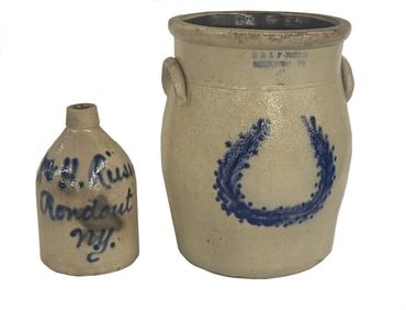 2 PIECE COBALT DECORATED SALT GLAZED STONEWARE BENNINGTON WREATH 4 GAL. CROCK & RONDOUT NY JUG