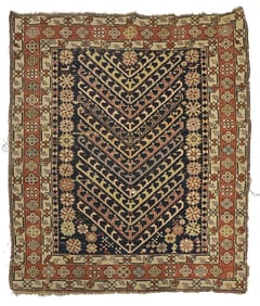 ANTIQUE CAUCASIAN SCATTER RUG, SELVAGE DAMAGE 58" X 46"