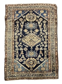 SEMI ANTIQUE BLUE FIELD HAMADAN CARPET 4' 1" X 5' 10"