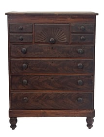 C. 1820 TALL CHEST IN ORIGINAL GRAIN PAINT & FAN CARVING 49 1/2" X 35 3/4" X 20"