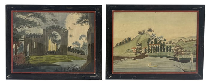 PAIR OF 19THC. HUDSON VALLEY WATERCOLORS "CASTLES ALONG THE HUDSON" UNSIGNED 16" X 21"