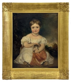 OIL/ CANVAS 19THC. PORTRAIT OF A CHILD AND CAT 30 1/2" X 25 1/2"