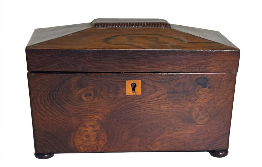 DOUBLE BIN ROSEWOOD TEA CADDY 6" X 9" X 5": DOUBLE BIN ROSEWOOD TEA CADDY 6" X 9" X 5"