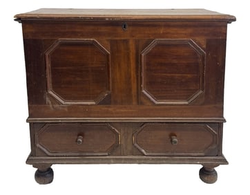 RARE 18THC.LONG ISLAND BLANKET CHEST OVER 1 DRAWER ORIGINAL BALL FEET 38 1/2" X 18 1/2" X 40"