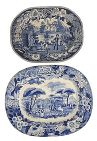 2 BLUE & WHITE TRANSFER PLATTERS, "NEAR VESUVIUS"& "THE FISHER BOY"   (15 1/2" X 19" ) &  (13 1/4" X
